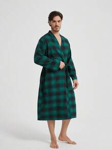 1pc Lightweight Plaid Bathrobe, Minimalist Elegant Style For Men, Suitable For Early Spring & Summer - Green Plaid - View 4