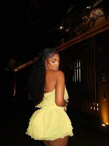 Summer Vitality Hanging Neck Skirt With Pearl Decoration, Waist Cinching, Layered Ruffled Edges, Slimming Short Skirt - Yellow - View 1