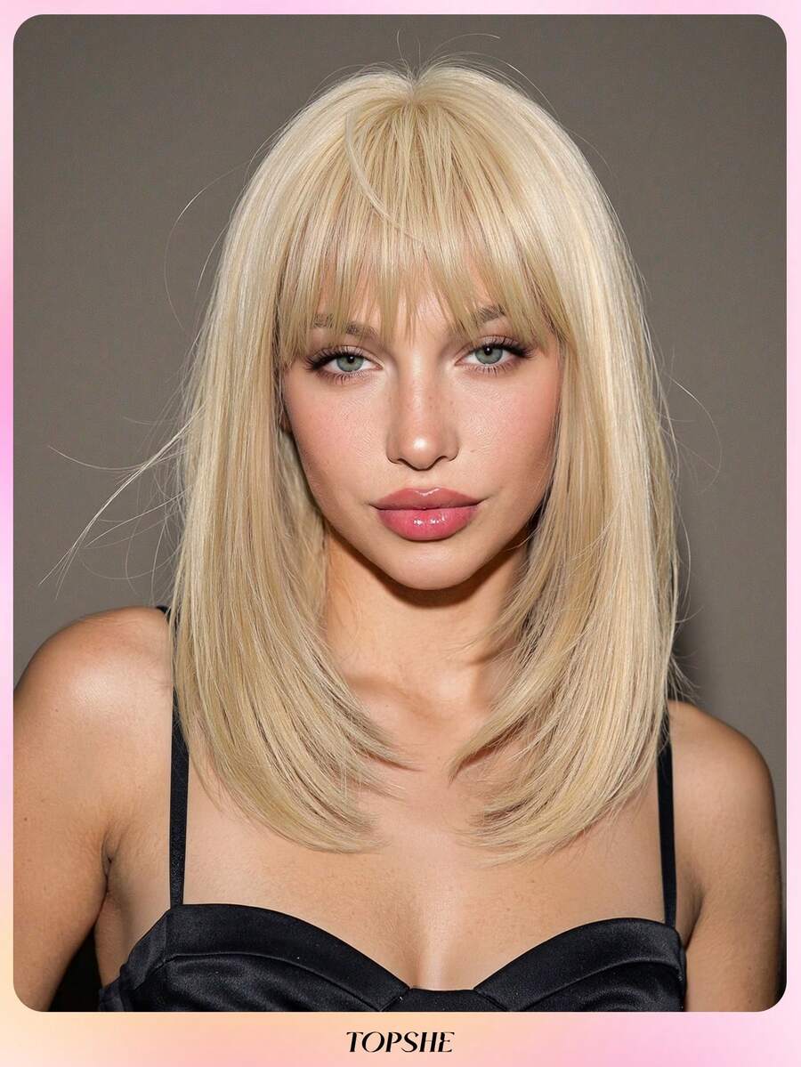 TOPSHE 14英寸蓬松柔软金色假发，直发波波头造型，耐热合成假发，适合女性刘海、日常佩戴、角色扮演、万圣节派对，适合初学者 - 金色 - 查看 1