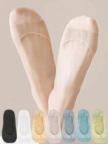 1/5/10 Đôi tất nữ mùa hè bằng lưới thấm mồ hôi, mỏng nhẹ, miệng nông, mềm mại, co giãn, chống trượt bằng silicon, kiểu dáng thường ngày, thích hợp đi thuyền. - Nhiều màu - Xem 3