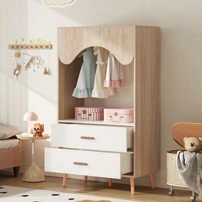 Kinderkleiderschrank, Kleiderschrank Mit Kleiderstange, Mit Schubladen, Offener Kleiderschrank, Vollholzgriffen, Aus Spanplatte, White+Natural Holz, 80*46*141.5cm
