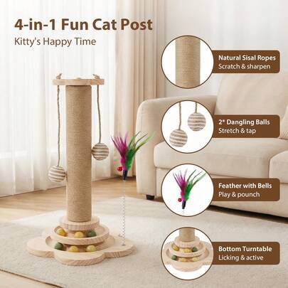 LMstarz Cat Scratching Post Tower , Interactive , Multifunctional Self-Entertainment Cat Toy With Ball Track , No Batteries Required , Yellow Jute , Artificial Feather Hanging Toy , Durable