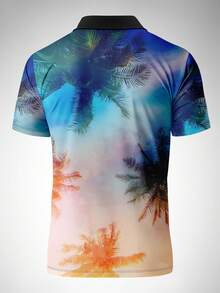 男士休闲棕榈树印花短袖Polo衫，夏季 - 彩色 - 查看 3