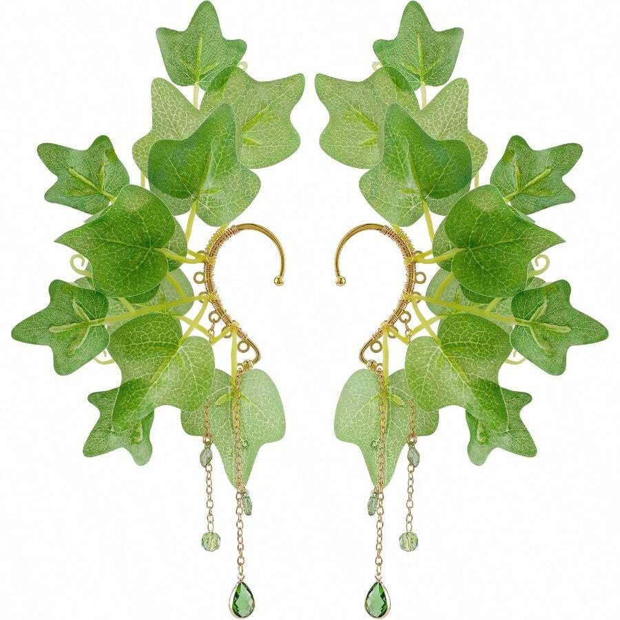Fairy Elf Ear Cuffs - Leaves Elven Ear Clip Wraps Poison Ivy Costume Woodland Earrings Forest Mother Nature Costume Renaissance Fantasy Dress Up Medieval Cosplay Accessories For Adult Women - 預設 - 查看 1