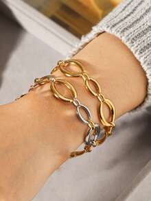 1pc Hand-Made Chain Stainless Steel Bracelets,Minimalist Elliptical Bracelet For Women Waterproof Jewelry Gift - Oval Bracelet - View 3