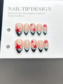 Bộ 10 móng giả thủ công hoàn toàn, kiểu móng ngắn hình hạnh nhân, kiểu dáng phổ biến, thời trang và tối giản, được vẽ tay màu xanh dương và bạc sáng bóng ở đầu móng và họa tiết ngôi sao năm cánh màu đỏ, với màu nền hồng nude tạo vẻ trắng sáng và cao cấp, móng giả hoàn thiện phù hợp cho phụ nữ và bé gái sử dụng hàng ngày, kèm theo bộ dụng cụ làm móng. - Nhiều màu - Xem 4