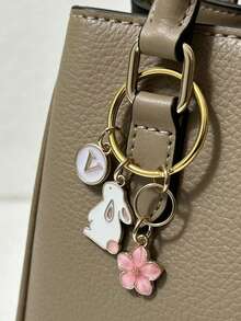 Customizable Initial Spring Sakura Set Keychain, Pink Flower Rabbit Pendant, Forest Fairy Style Keyring, Unisex Car Key Chain For Daily And Holiday Accessories - White Rabbit + Pink Flower - View 7