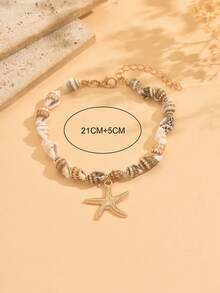 1pc Bohemian Starfish & Seashell Pendant Metal Anklet, Suitable For Daily Wear And Vacation, The Shape, Size And Surface Pattern Of The Seashell Is Random - Multicolor - View 3
