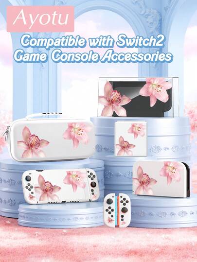Ayotu Accessories Set For New 2 7.9 Inch Console, Including Protective Case, Storage Bag, Console Shell, Dust Cover, Game Card Case, Controller Grip, Suitable For School, Birthday, Gamers - Pink Hibiscus Pattern