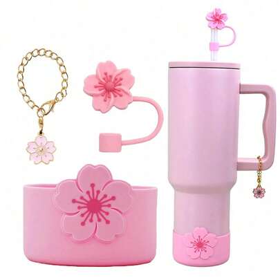 Tapa de paja con flor de lirio, juego de cubierta protectora de silicona y encanto de taza, adecuado para funda de silicona de taza Owal