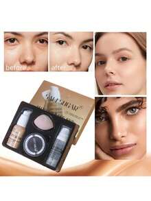 4pcs Makeup Base Set | Includes Liquid Foundation, Makeup Primer, Sponge Puff & Loose Powder, All-In-One | Beginner-Friendly, Flawless Long-Wearing Finish | Perfect Gift Set - Multicolor - View 2