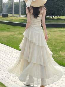 Fashionable & Elegant Asymmetrical Ruffle Strap Dress, Women Party Evening Gown Summer - Beige - View 7