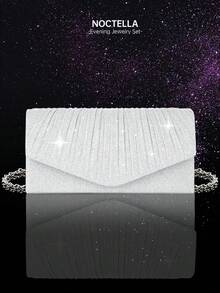 Noctella Women's Luxury Diamond Sparkling Jewelry Set - Shimmering Necklace, Earrings, Bracelet Set, Shiny Pleated Clutch, V-Flap Envelope Clutch, Elegant Clutch, Bridal Evening Bag, Metal Chain Handbag, Wedding Party Clutch, Cocktail Party Wedding New Wallet Clutch - Silver - View 11