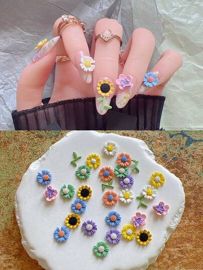 1 包春季彩色小雏菊和向日葵金属美甲装饰品，3D 立体简约金属花卉配件