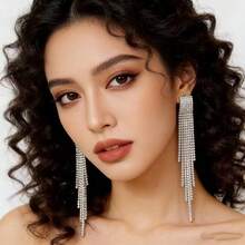 一对欧美经典百搭夸张长款水钻流苏耳环，奢华优雅时尚独特，女士耳环 - 彩色 - 查看 8