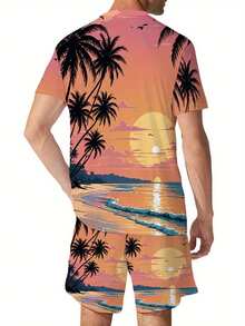 Set di camicia a maniche corte e pantaloncini con stampa da spiaggia per uomo, traspirante e ad asciugatura rapida, adatto per sport, tempo libero e uso quotidiano all'aperto. - Colori misti - Visualizzare 4