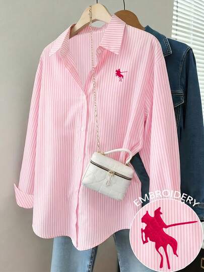 Women's Casual All-Match Striped Shirt With Little Horse Embroidery Collar, Long Sleeve Button-Up Blouse, Suitable For Daily Office Wear In Spring And Summer White