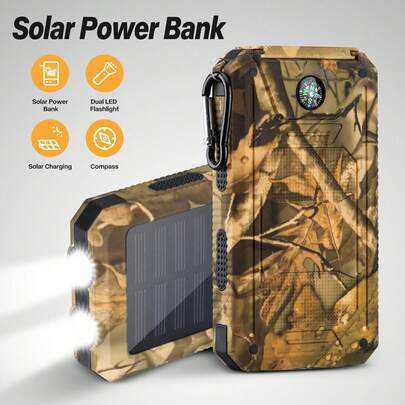 Fast Charging Camouflage Rugged 20000mAh Solar Charger Power Bank Portable Power Bank With Type-C & Dual USB Ports, For Cell Phones, LED Flashlight, Carabiner, Waterproof Solar Panel For Camping, Outdoor Spring Gift