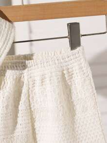 幼儿男童可爱棕熊短袖开衫透气针织套装，白色镂空 - 杏色 - 查看 7