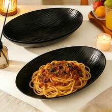 2/4件套黑色纹理餐盘，奢华椭圆形沙拉/意面盘，创意塑料西式和东方风格餐具，酒店和家庭使用的水果/零食盘 - 黑色 - 查看 8