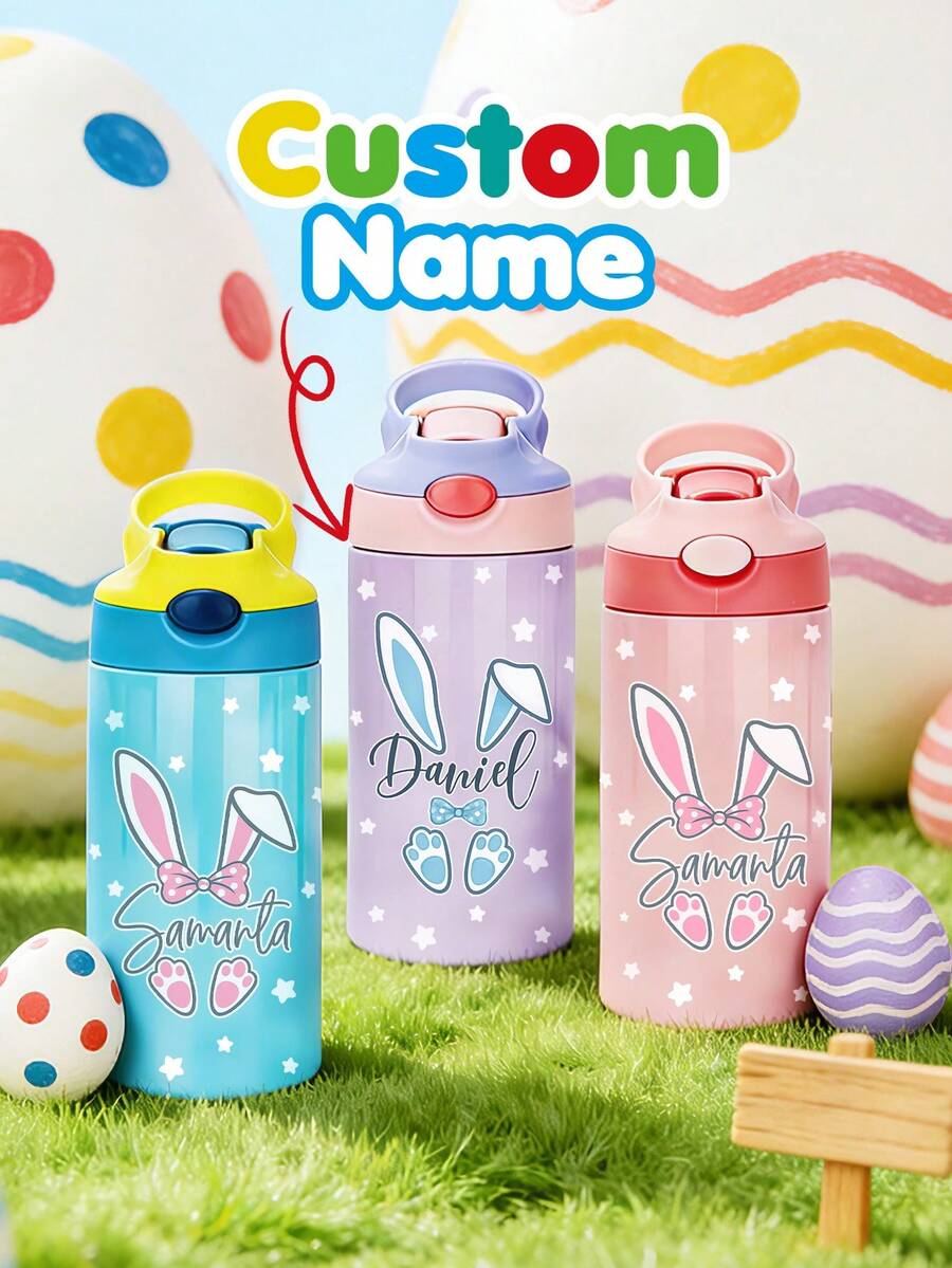 1pc 12oz/350ml Customizable Name Easter Stainless Steel Insulated Water Bottle, With Silicone Straw Leak-Proof Lid, Double-Wall Vacuum Insulation, Cute Easter Bunny Spring Drinking Bottle, Suitable For School, Travel, Sports, Hydration, Birthday Gift, Holiday Gift, Boys & Girls Customized Name Water Bottle - Easter Style 1 - View 1