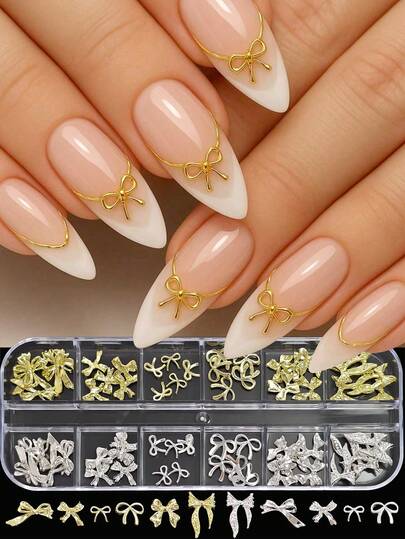 12 Grids Gold Silver Ribbon Bow Knot Metal Cute Nail Decoration Nail Charms Ribbon Bow Design Mixed Styles Sizes Kawaii Japanese Style Nail Jewelry Accessories Nail Supplies For Home Diy Salon Nail Art Nails Nail Gems