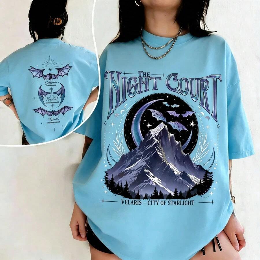 Velaris The Night Court Acotar Two-Sided Comfort Shirt, Velaris The Night Court Shirt, Court Of Dreams, Inner Circle Acotar Tee-Unisex Summer Casual Vintage Cotton Printed T-Shirts For Couples - 藍色 - 查看 1