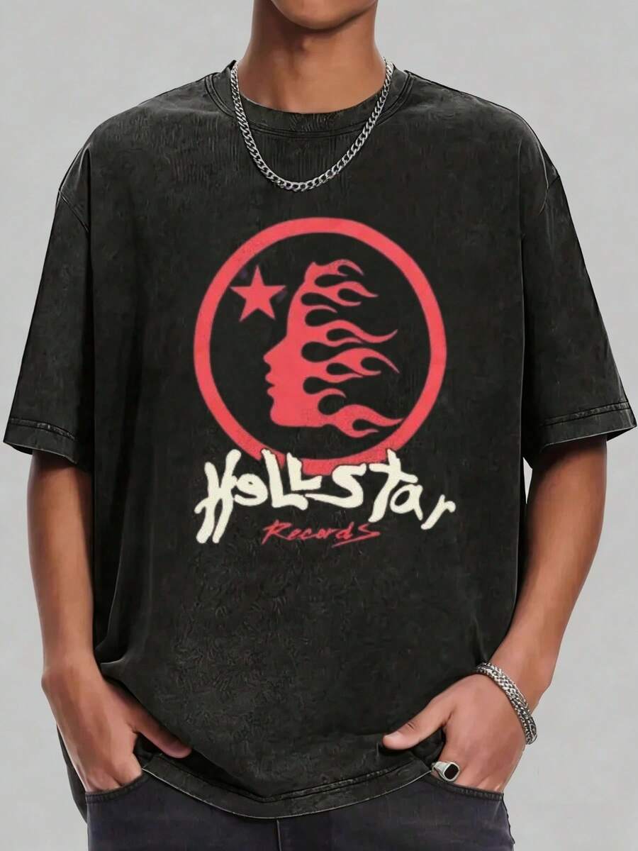 Hellstars Logo Flame Retro Washed Print Round Neck Short Sleeve T-Shirt, 230g 100% Cotton T-Shirt, Summer Clothes, Men's Tops, Casual And Comfortable, Fashionable Graphic Tee, Unisex Style - 黑色 - 查看 1