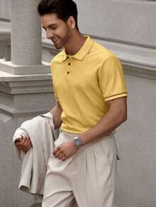 Men's Plus Size Knit Casual Business Polo Shirt, Summer, Suitable For Casual, After Work, Gift For Father, Gift For Boyfriend - Yellow - View 3