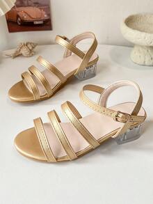 时尚金属色女童高跟凉鞋 | 透明粗跟，适合特殊场合 - 金色 - 查看 1