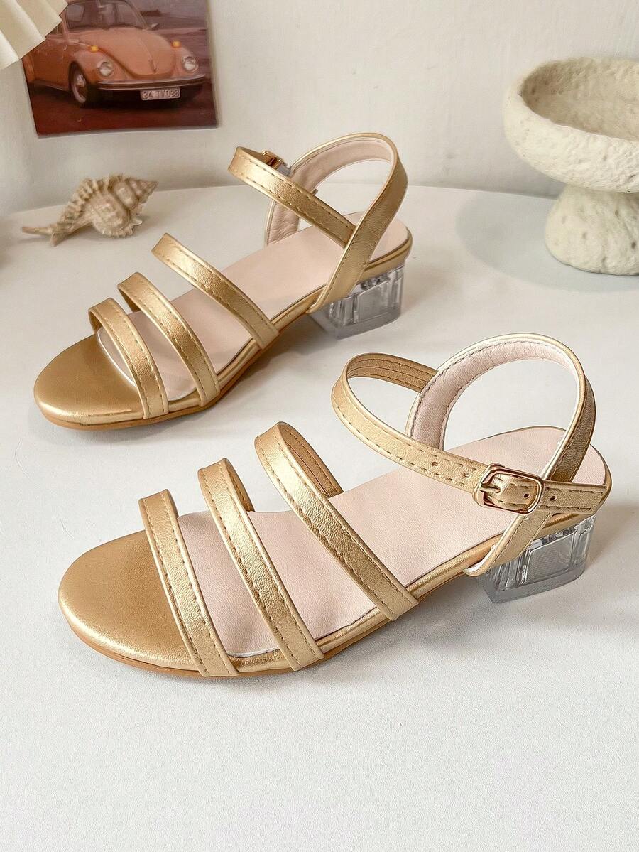 时尚金属色女童高跟凉鞋 | 透明粗跟，适合特殊场合 - 金色 - 查看 1