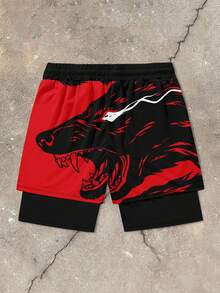 Men's Wolf Print Drawstring Waist Double Layer Shorts Summer - Multicolor - View 3