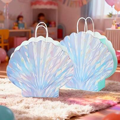 5pcs/10pcs, Multicolor Purple Shell Gift Bag With Solid Paper Handle For Wedding, Newborn Party, Birthday Party Decoration-Elegant Purple Seashell Design Paper Bag For Bridal Showers, Anniversary Party Supplies And Newborn Party Gifts,Ocean Beach Party Decor, Wedding Candy Goodie Bags,Iridescent Shell Shape Gift Box