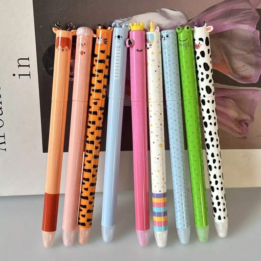 Juego de 9 bolígrafos redondos con forma de animales, borrables, con recambios de tinta azul de 0,7 mm; escritura suave y neutra que permite borrar fácilmente los errores, ideal para exámenes, ejercicios de práctica y toma de notas de estudiantes; útiles escolares/regalos de Navidad/regalos del Día de San Valentín - Conjuntos - Ver 1