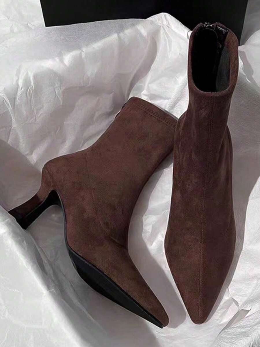 2025 Autumn/Winter New Brown Minimalist Ankle Boots, French Style Elastic Suede Pointed Toe Narrow Shaft Boots With Metal Zipper At Heel