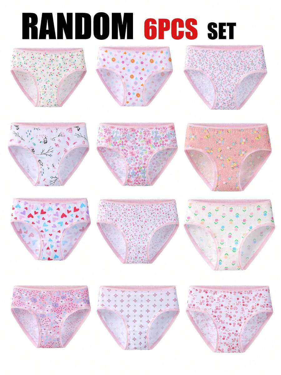 6pcs/Pack Young Girl' Ditsy Floral & Heart Print Comfortable Cotton Briefs, Assorted Styles For Toddlers & Little Children - Pink - View 1