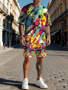Ensemble chemise à manches courtes imprimée par jet d'encre colorée + shorts décontractés pour hommes, ensemble sport décontracté, ensemble de loisirs respirant pour l'extérieur, ensemble d'impression 3D d'été pour adultes pères, convient pour un usage quotidien extérieur, comme cadeau. - Couleurs mélangées - Voir 4