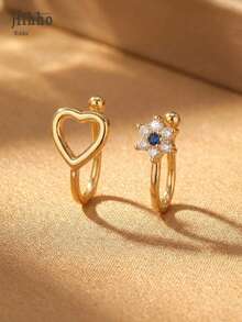Hihho 2 chiếc khuyên mũi giả hình trái tim và hoa bằng đồng, thích hợp làm quà tặng cho phụ nữ dự tiệc, sinh nhật, cho bạn gái, mẹ, Ngày của Mẹ. - Vàng - Xem 2