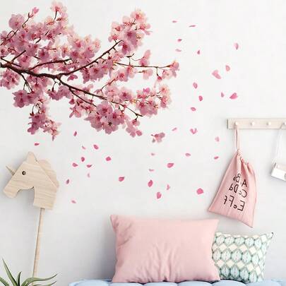 1 miếng dán tường hình cành hoa anh đào màu hồng, decal cánh hoa rơi tự dính có thể tháo rời, thích hợp trang trí phòng ngủ bé gái, phòng khách.