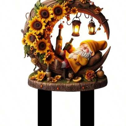 异想天开的小矮人向日葵花园亚克力插杆、月亮形灯笼和酒瓶装饰，适用于户外庭院、草坪和露台装饰