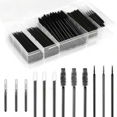 230件套眉毛定型用品，带塑料盒，黑色微型眉刷、螺旋刷、一次性唇刷、睫毛刷、睫毛膏刷、微型棉签，DIY睫毛定型套装
