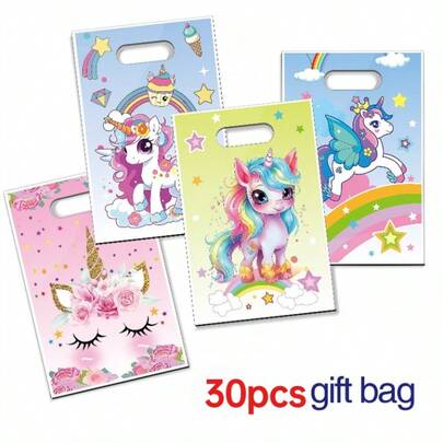 Bộ 30 chiếc (4 màu phối hợp) Túi quà sinh nhật hình ngựa nhỏ cầu vồng, túi quai xách 4 ngón tay ánh ngọc trai, túi quà sinh nhật hình ngựa nhỏ ngôi sao kỳ lân, túi quà sinh nhật, túi đựng quà tặng ngày lễ, túi quà sinh nhật hình bóng bay, túi quà nhỏ hình động vật hoạt hình, túi đựng đồ trang trí tiệc.