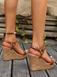 Women's Wedge Platform Bow Deco Open Toe Sandals, Summer - Brown - View 7