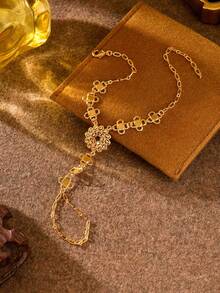 1 pieza Pulsera de dedo completo de mujer de moneda antigua de cobre chapada en oro de lujo y exquisita, adecuada para accesorios de vestido de boda y banquete - Amarillo Oro - Ver 4