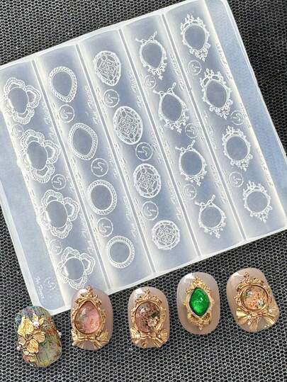 Beautizon Nailartlab Vintage Palace Style Gem Frame Nail Mold, Baroque Embossed Nail Decoration Silicone Mold