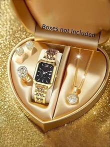 一套女士手表/4件套首饰，优雅方形石英表，搭配不锈钢表带，送给她的完美礼物，休闲风格，最佳礼品套装 - 白色 - 查看 2