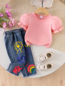 2pcs Baby Girl Casual Chic Set, Pink Round Neck Lantern Sleeve T-Shirt Top And Fashionable Print Elastic Waist Denim Pants - Pink - View 1