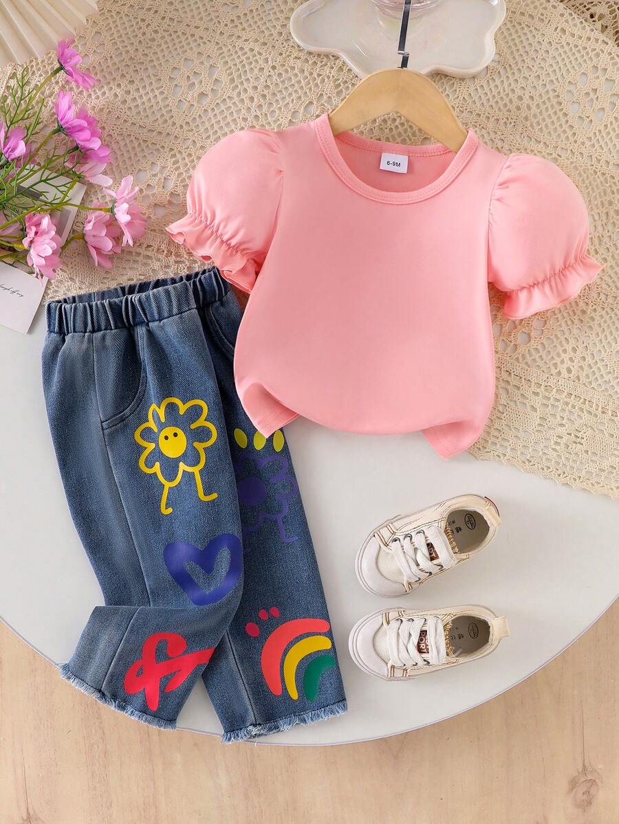 2pcs Baby Girl Casual Chic Set, Pink Round Neck Lantern Sleeve T-Shirt Top And Fashionable Print Elastic Waist Denim Pants - Pink - View 1