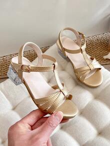 儿童派对高跟鞋 | 亮面绑带可调节踝带和透明粗跟 - 金色 - 查看 5