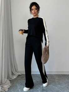 Set de 2 piezas de camiseta de cuello redondo y pantalones largos con rayas y contraste de color para mujer - Negro - Ver 3